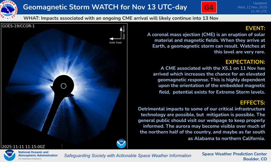 G4 Watch Continues into 13 November | NOAA / NWS Space Weather